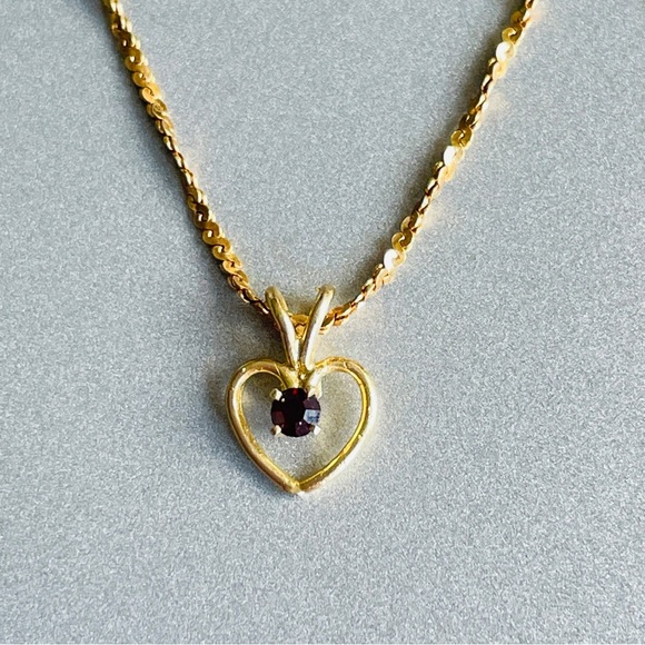 Vintage 14k Gold Natural Garnet Heart Charm Pendant Chain Necklace - Picture 1 of 6